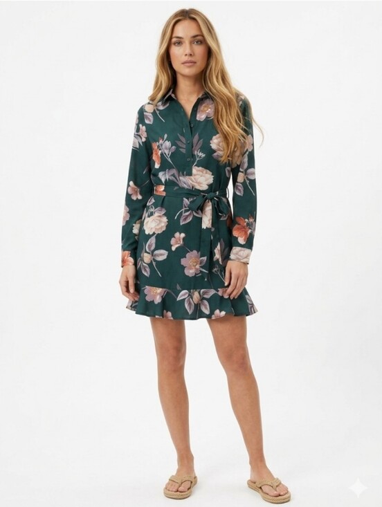 Dresses & Skirts - Tie-Waist Dark Green Shirt Dress With Ruffle Hem